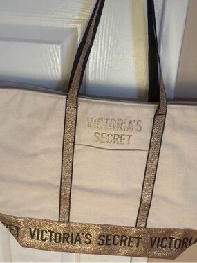 Victoria's Secret Cream Tote with Glitter Gold Accents